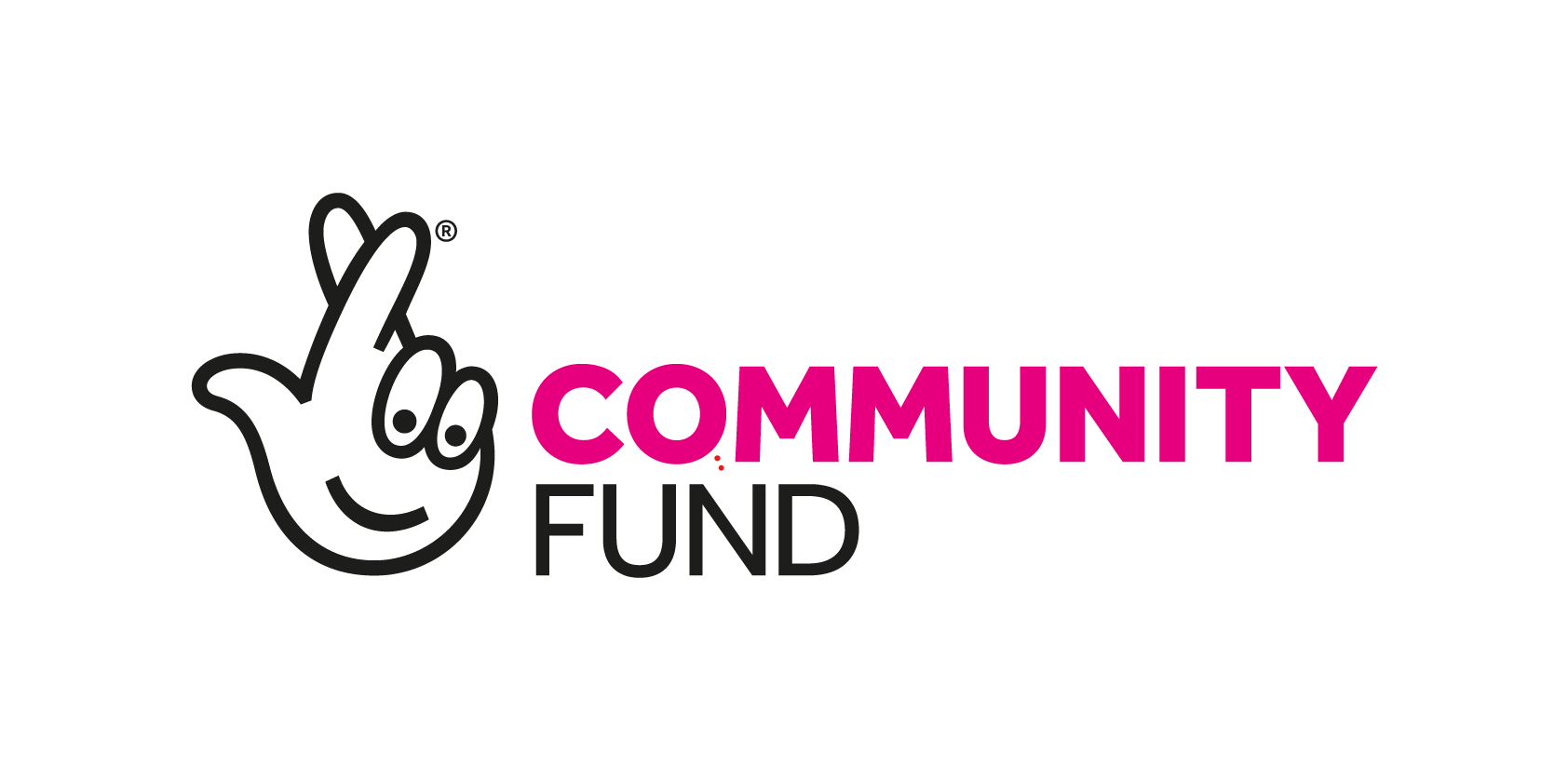 The lottery community fund logo. A white background, featuring the Lottery's logo - the outline of a hand with its fingers crossed. There's eyes and a smiley face on the back of the hand. 'Community' is written to the right of the logo, with bold fuscia-pink letters and 'fund' is written underneath in black.